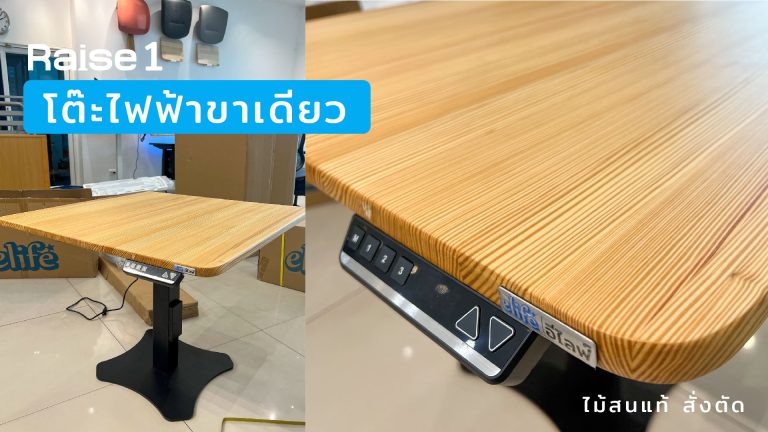 Read more about the article Raise1 รีวิวโต๊ะไฟฟ้าขาเดียว ไม้สนแท้ สั่งตัด!